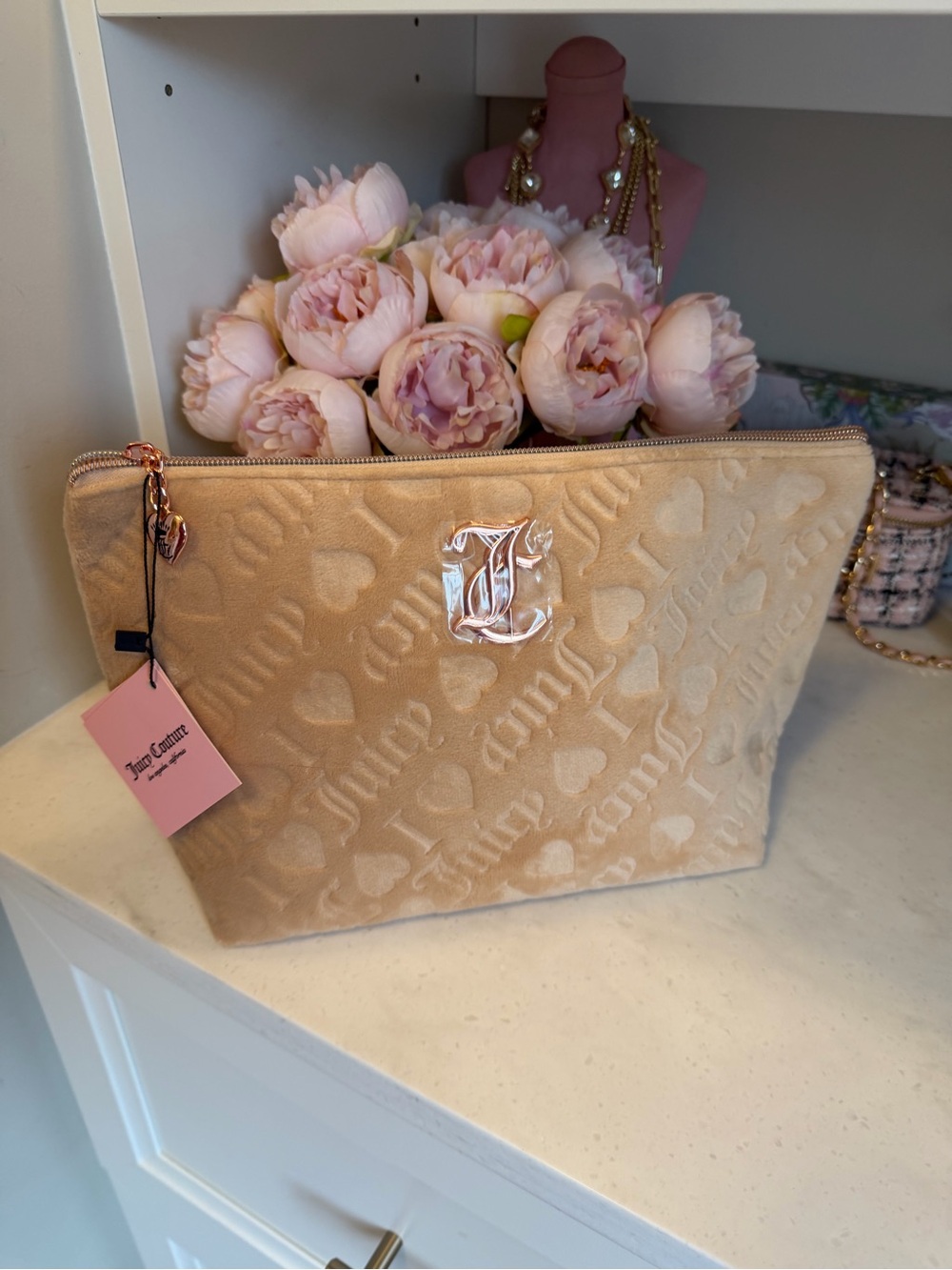 Juicy Couture Amazing set of 3 NWT Zipper Cases w Gold Logo Tan Pink Glitter - Picture 10 of 12